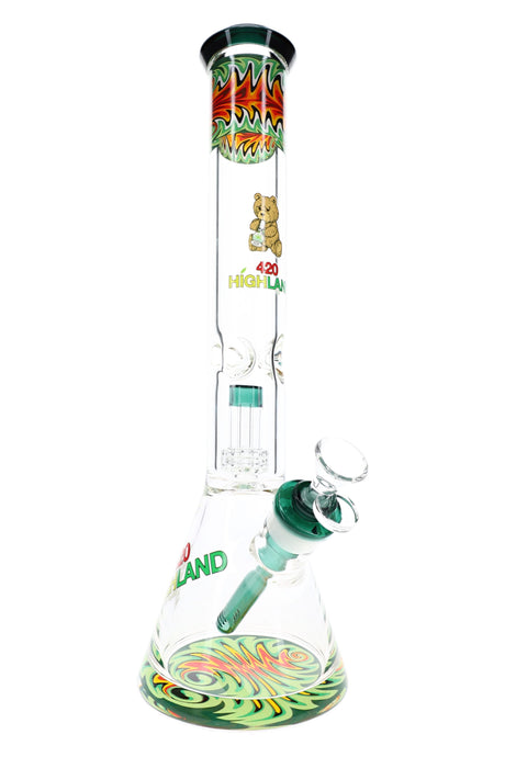 Green-accented reverse rasta beaker bong with 16-inch body, ice pinch, clear bowl, and wide glass base