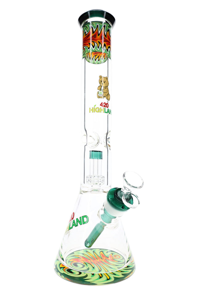Green-accented reverse rasta beaker bong with 16-inch body, ice pinch, clear bowl, and wide glass base
