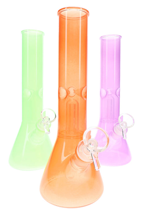 Colored 10-inch glass beaker bong group in green, orange, and pink with dome perc and ice pinch