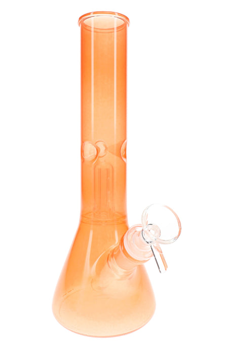 Orange 10-inch glass beaker bong with dome perc, ice pinch, clear bowl, and translucent body