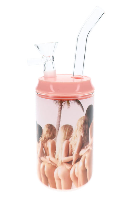 Mini bottle-style glass bong with pink top, clear mouthpiece, cheeky beach decal, and compact cup body