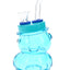 Blue 4-inch bear-shaped glass bong with clear bent mouthpiece, matching top, and compact novelty body
