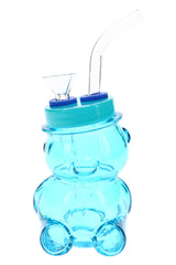Blue 4-inch bear-shaped glass bong with clear bent mouthpiece, matching top, and compact novelty body