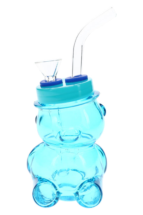 Blue 4-inch bear-shaped glass bong with clear bent mouthpiece, matching top, and compact novelty body