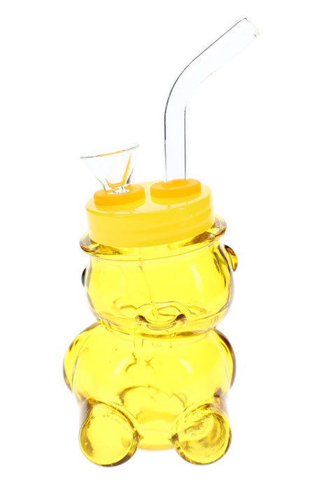 Yellow bear-shaped glass bong with matching lid-style top, clear bowl, and mini 4-inch animal body