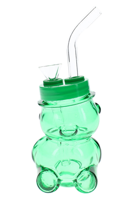 Green 4-inch bear-shaped glass bong with clear bowl, bent mouthpiece, and translucent teddy body