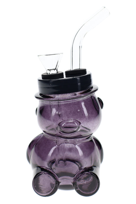 Smoke purple bear-shaped glass bong with black lid-style top, clear bowl, and compact animal shape