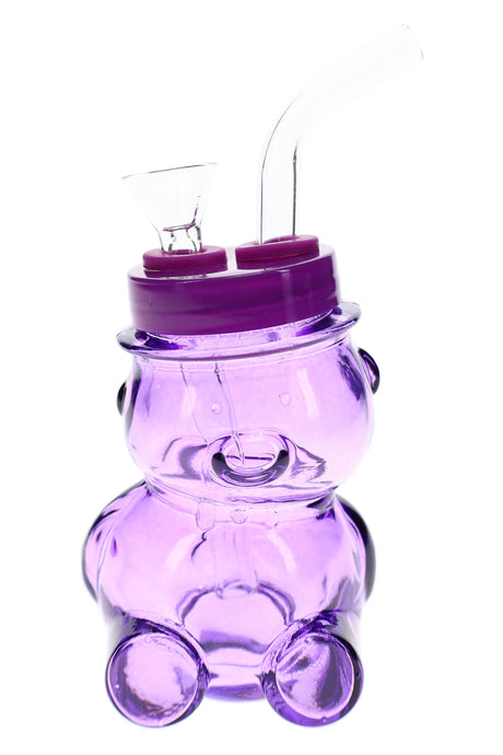 Purple bear-shaped glass bong with matching top, clear bent mouthpiece, and playful 4-inch glass body
