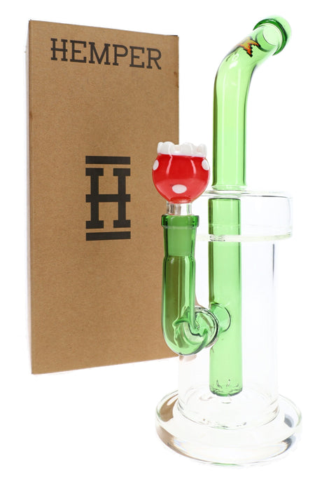 Hemper Gaming XL glass bong with green pipe-style neck, red bowl, clear chamber, and branded box