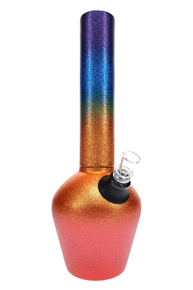 Chill 13-inch steel bong with rainbow neckpiece, orange glitter base, glass slide, and ceramic interior