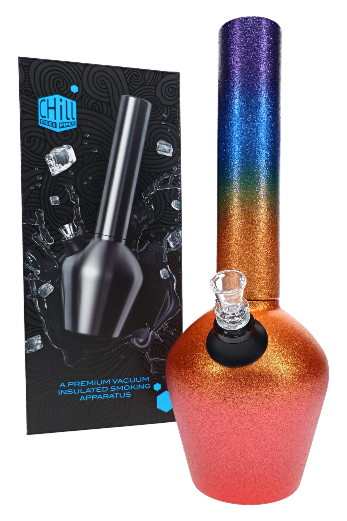 Chill Glitterbomb steel bong with branded box, glass slide, glitter base, and removable neckpiece