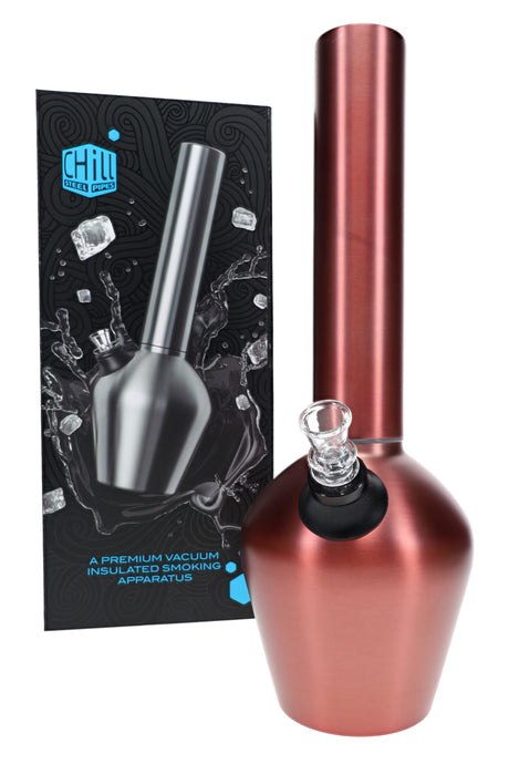 Chill rosé steel bong with branded box, metallic base, clear glass slide, and tall removable neckpiece