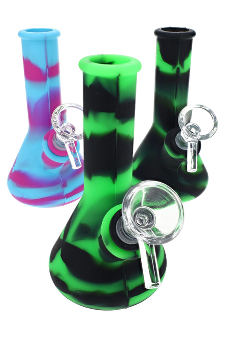 Alternate angle of 5″ silicone water pipe showing beaker base, 14.5 mm joint, and multicolor body