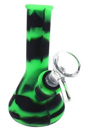 Multicolor silicone beaker bong with compact 5″ body, glass bowl, and bright swirl color design