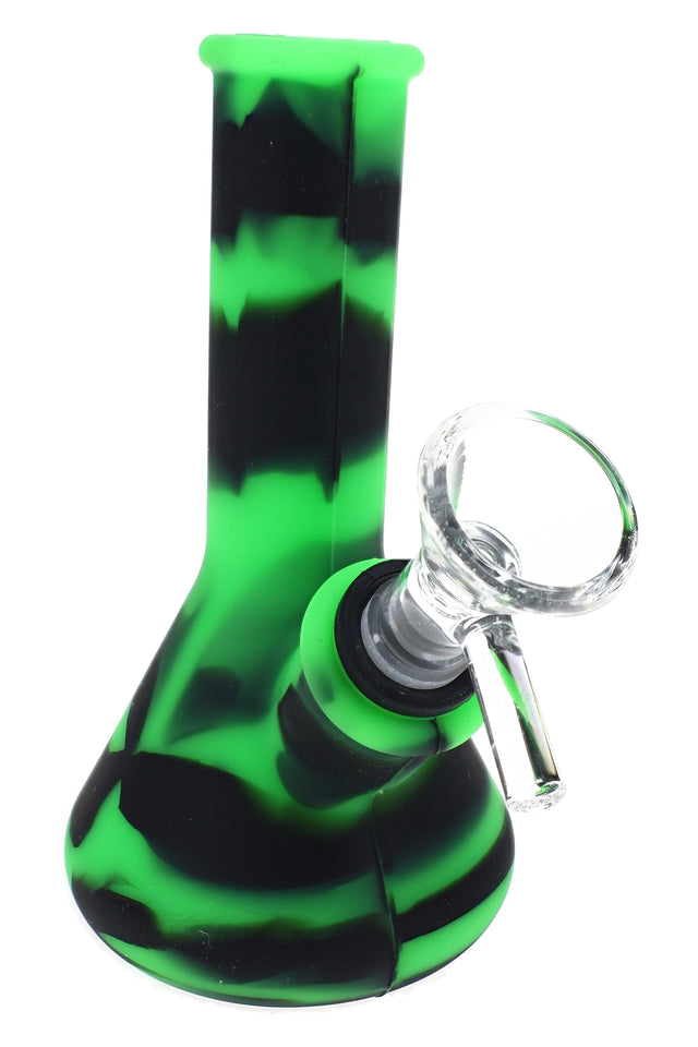Multicolor silicone beaker bong with compact 5″ body, glass bowl, and bright swirl color design