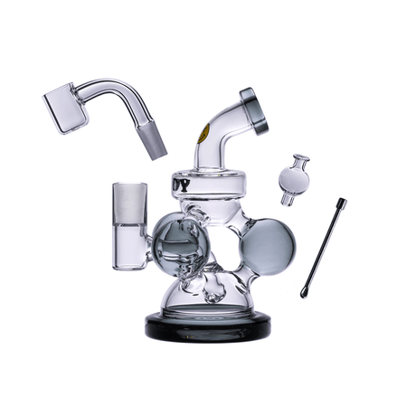 Smoke-accent glass dab rig with globe chambers, 10 mm quartz banger, carb cap, and dab tool