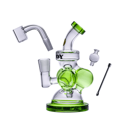 Slime green mini dab rig kit with ball-style body, quartz banger, carb cap, and dab tool