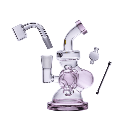 Pink-accent glass dab rig kit with 10 mm banger, bubble carb cap, and matching mini tool