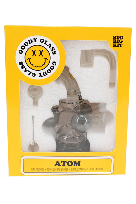 Goody Glass mini dab rig kit in yellow box with smoke rig, quartz banger, carb cap, and tool