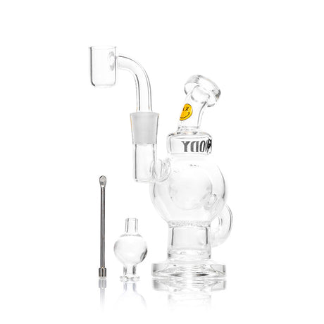Clear glass mini dab rig with orbit-style chamber, 10 mm quartz banger, carb cap, and tool