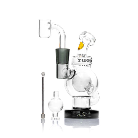 Transparent black mini dab rig kit with round chamber, quartz banger, carb cap, and dab tool