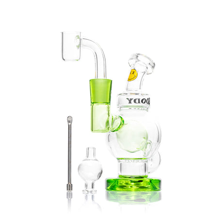Slime green glass dab rig kit with compact orbit body, quartz banger, carb cap, and tool
