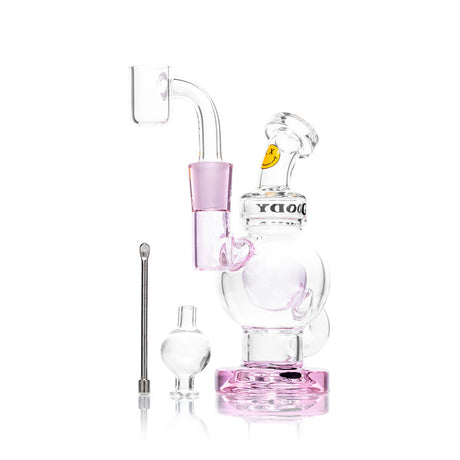 Pink-accent mini dab rig kit with orbit chamber, 10 mm banger, bubble carb cap, and dab tool