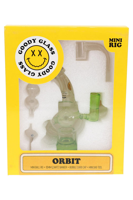 Goody Glass mini dab rig kit in yellow retail box with quartz banger, carb cap, and dab tool