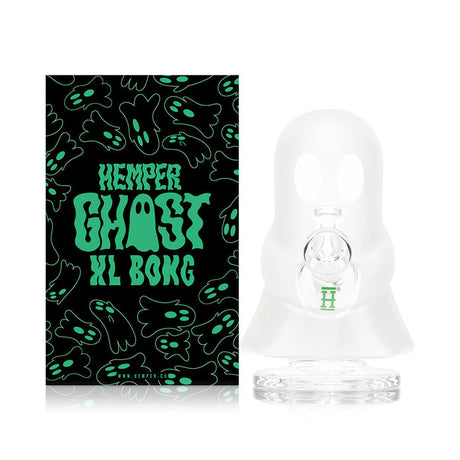 Translucent ghost-shaped HEMPER glass bong beside branded box with wide clear base