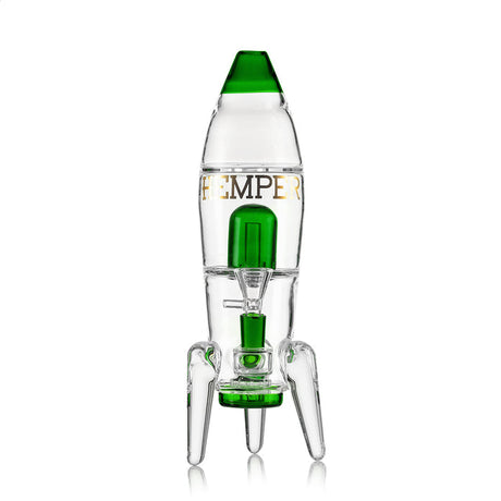 Green-accented rocket ship glass bong with clear body, dual chambers, and landing legs