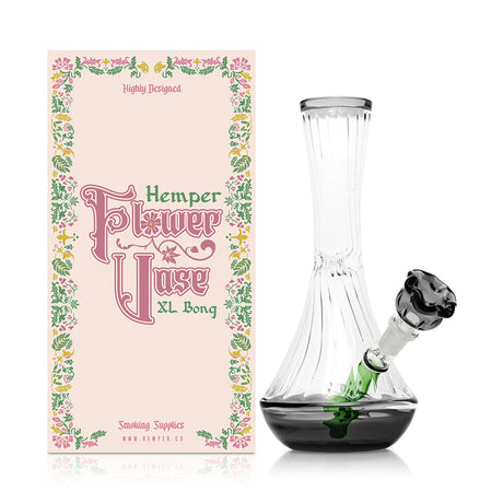 HEMPER Flower Vase XL glass bong with fluted body, green floral accent, and retail box