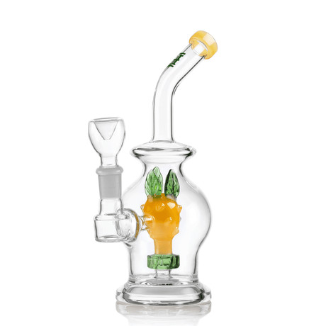 Clear pineapple-themed glass bong with 14 mm bowl, angled neck, and yellow-accented mouthpiece