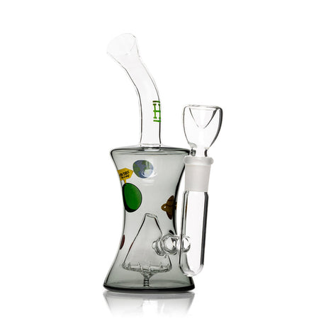 Side view of HEMPER Cosmic bong with green H decal, curved neck, and planet graphics