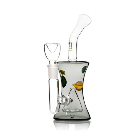 Side view of HEMPER Cosmic bong with green H decal, curved neck, and planet graphics