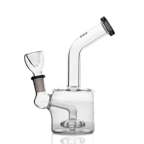 Side profile of HEMPER puck glass bong with smoke accents, bent neck, and compact chamber