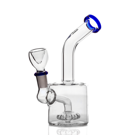Angled blue HEMPER puck glass bong with removable bowl and internal showerhead percolator