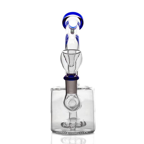 Front view of blue-accent HEMPER glass bong with compact puck chamber and clear bowl