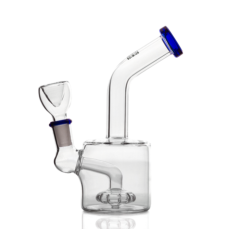 Side profile of blue-accent HEMPER puck glass bong with clear body and bent neck