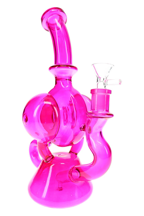 10″ pink glass-on-glass recycler bong with curved chamber and upright retail display angle