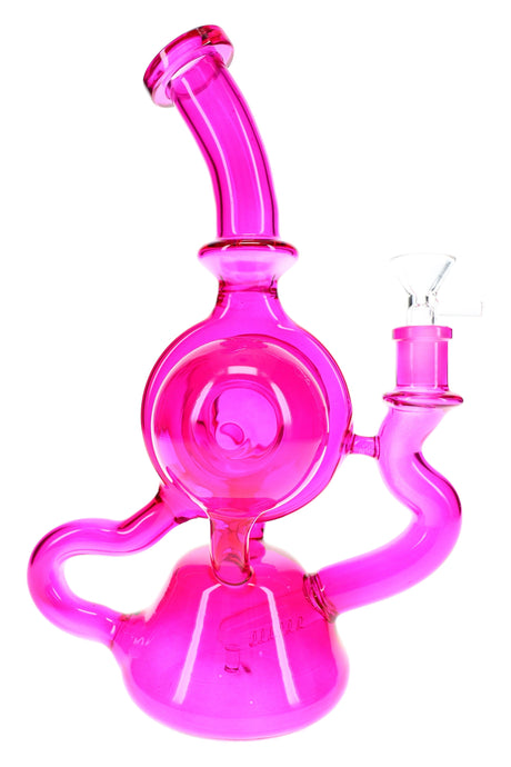 Deep pink recycler bong showing side profile, diffuser stem, and 14.5 mm glass connection