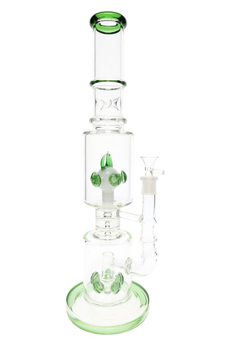 17″ stemless glass bong with colored accents, straight shooter body, and dual drum percolator