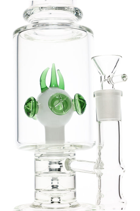 Tall glass bong with dual drum perc, ice pinch, 14.5 mm joint, and colored accent details