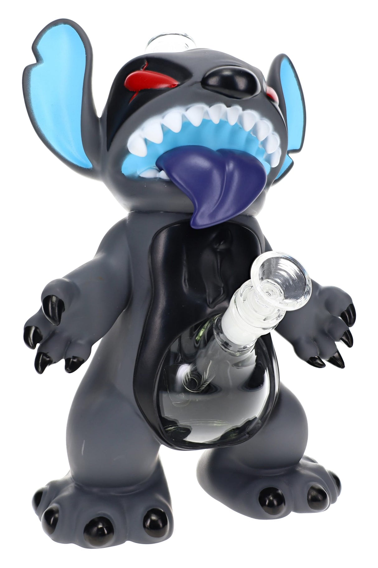 Creepy creature glass water pipe with 14.5 mm joint, plastic monster design, and tabletop size