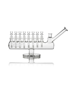 Clear GRAV Menorah Bong with eight cup bowls and mini downstems, a horizontal chamber, and angled mouthpiece.