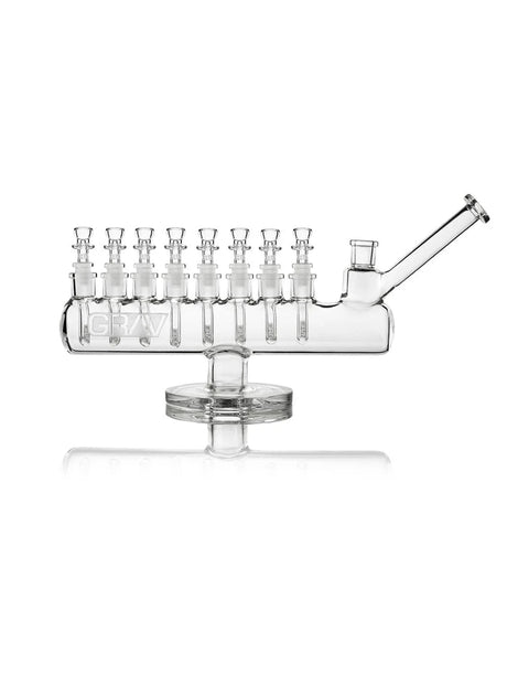 Clear GRAV Menorah Bong with eight cup bowls and mini downstems, a horizontal chamber, and angled mouthpiece.
