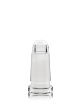 Close-up of a clear glass candleholder insert with a frosted tapered joint and rounded lower section.