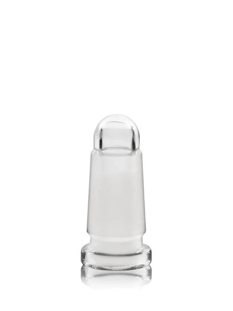Close-up of a clear glass candleholder insert with a frosted tapered joint and rounded lower section.