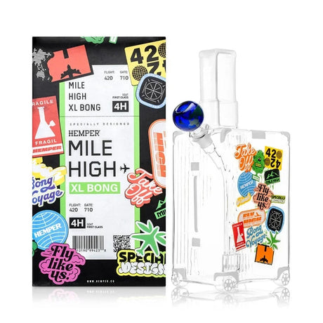 HEMPER Mile High Suitcase XL Glass Bong with a blue globe bowl beside its colorful retail box