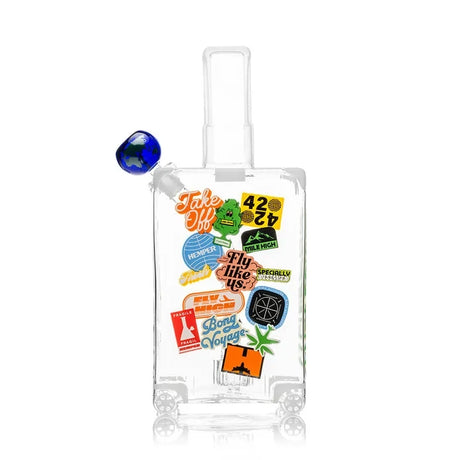 Front view of the HEMPER Suitcase XL Bong showing travel graphics, sculpted wheels, and a blue globe bowl