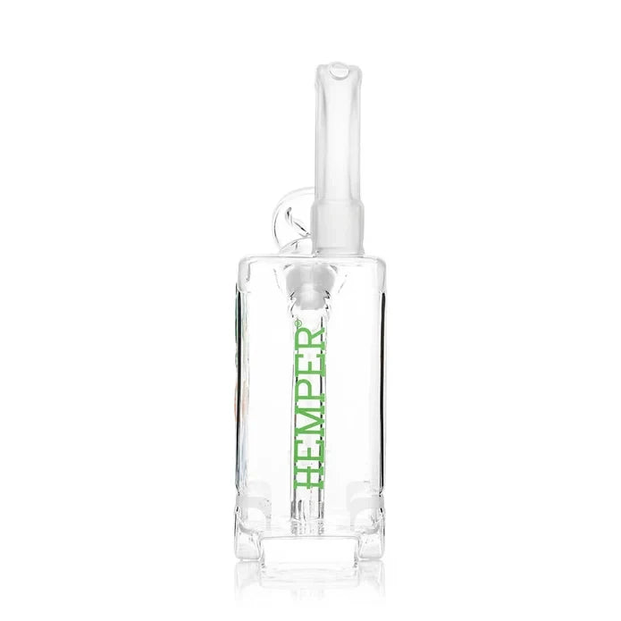 Narrow side view of the HEMPER Suitcase Medium Bong with green branding and a handle-shaped mouthpiece